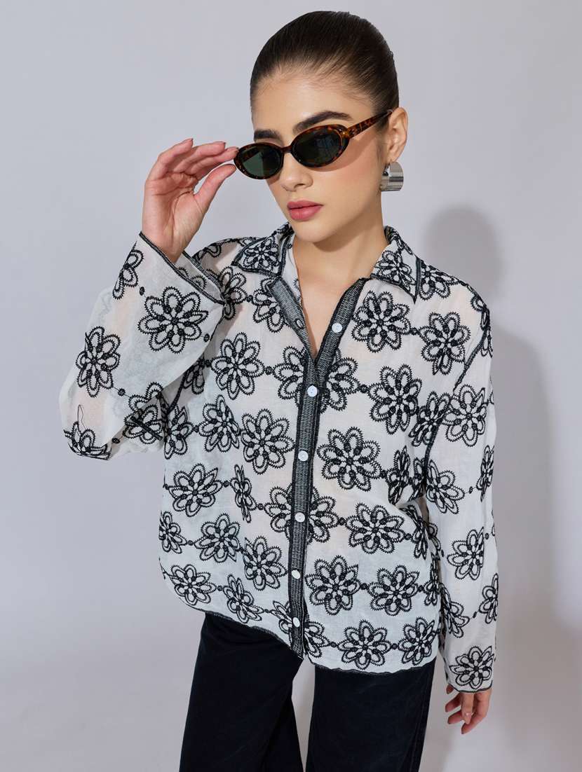 women embroidered collared long sleeve shirt