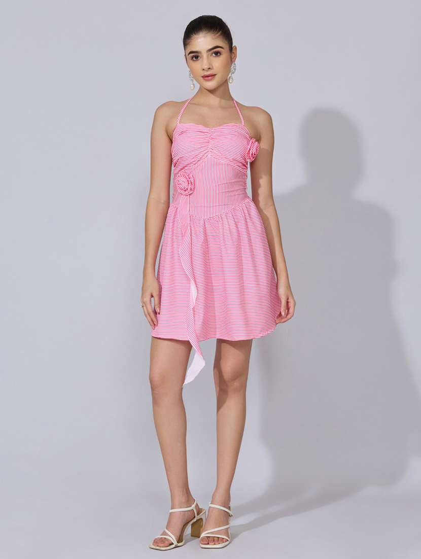 women striped halter neck fit & flare dress - 22396110 -  Standard Image - 2