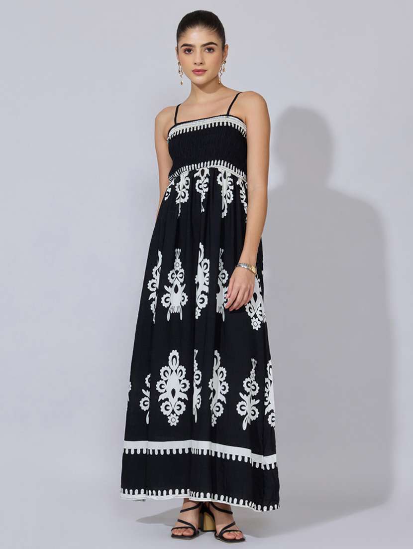 women printed shoulder starp fit & flare dress - 22396115 -  Standard Image - 2