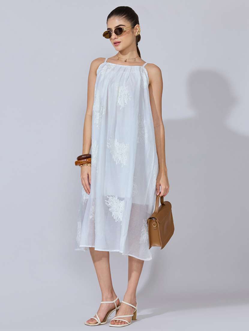 women embroidered shoulder strap a-line dress