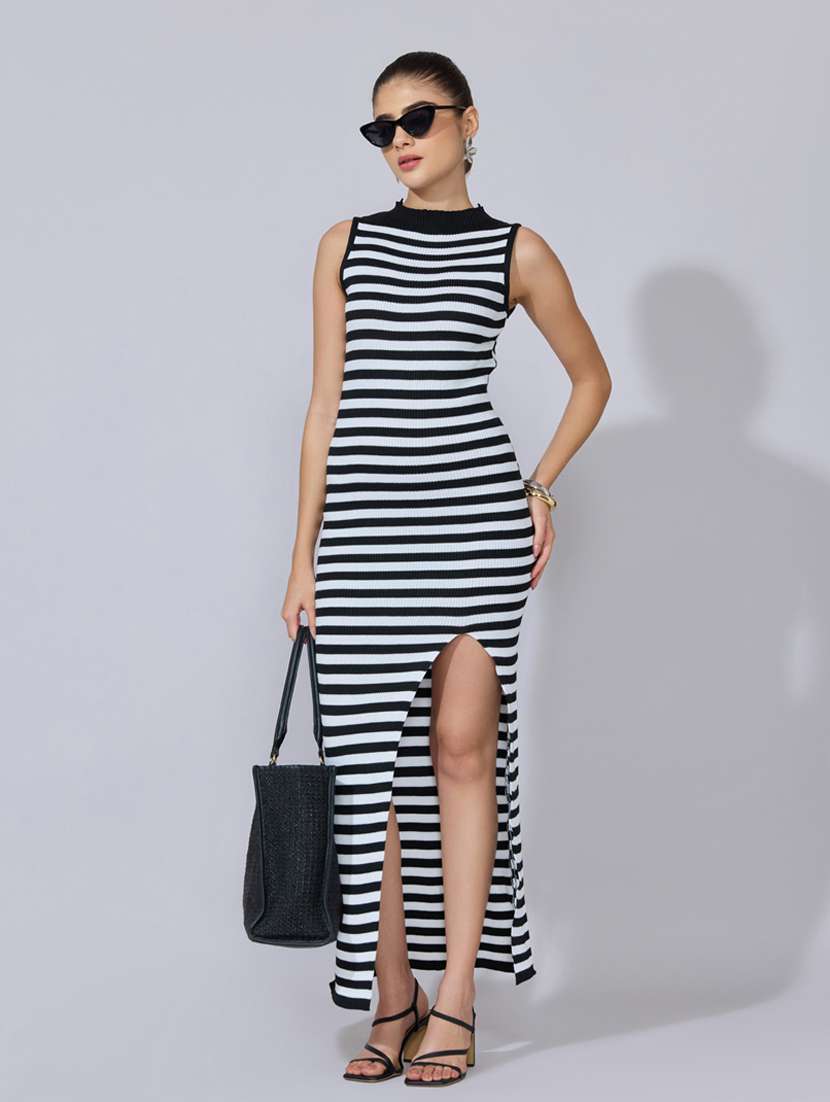 women striped sleeveless bodycon dress