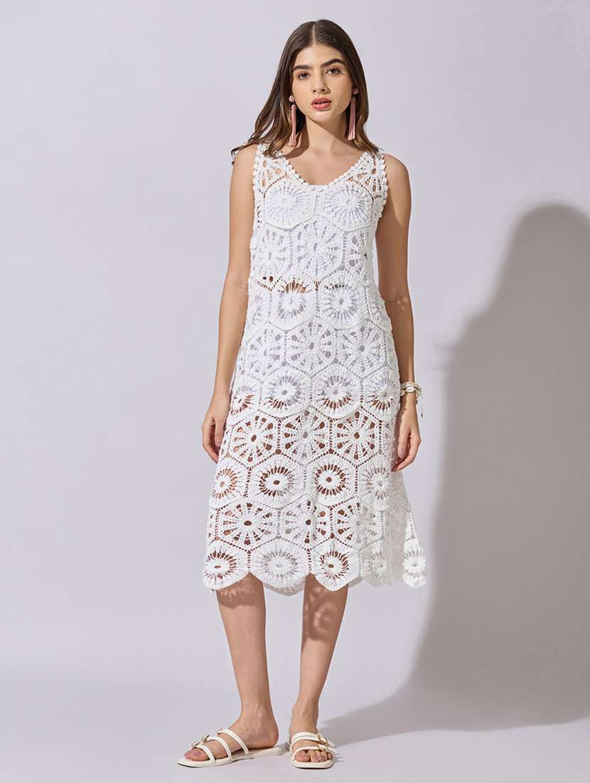 women self designed sleeveless crochet a-line dress