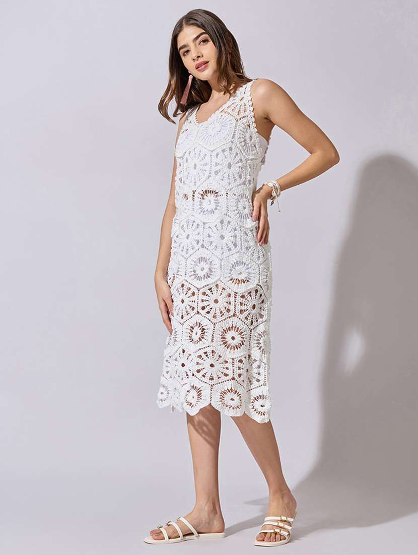 women self designed sleeveless crochet a-line dress - 22396124 -  Standard Image - 2