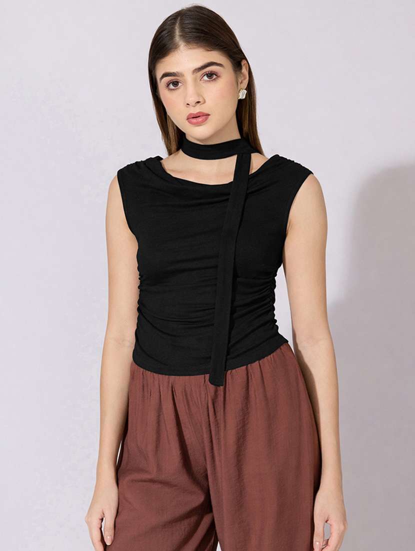 women solid off shoulder top with neck tie - 22396137 -  Standard Image - 2