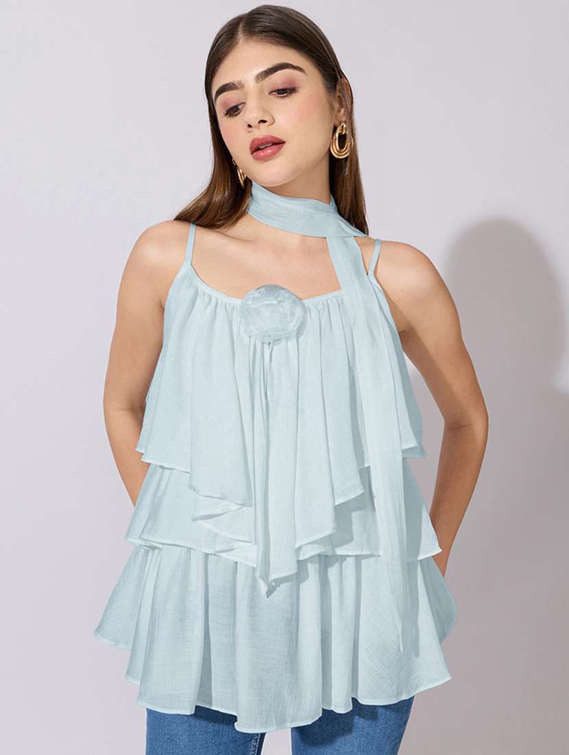 women solid shoulder strap ruffle top with neck tie - 22396138 -  Standard Image - 2