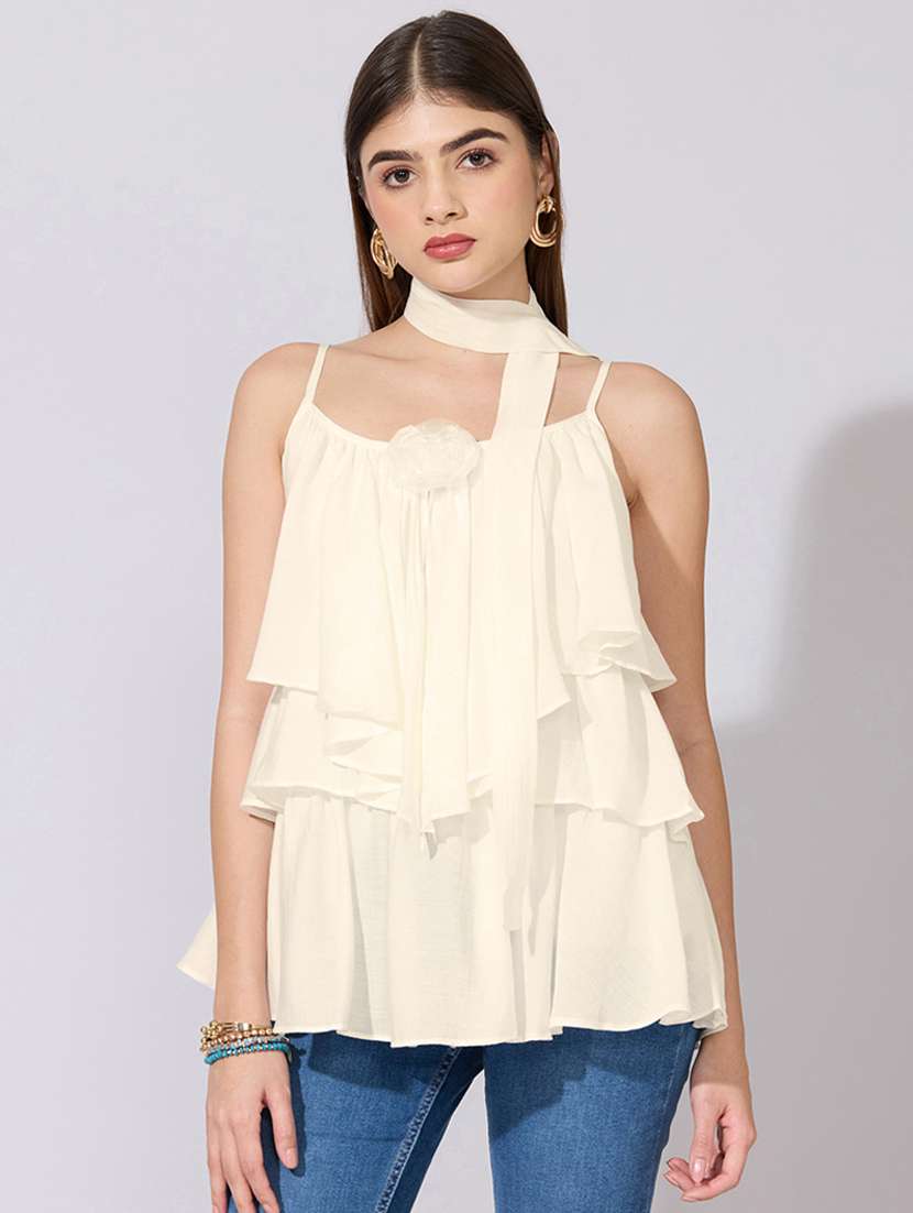 women solid shoulder strap ruffle top with neck tie