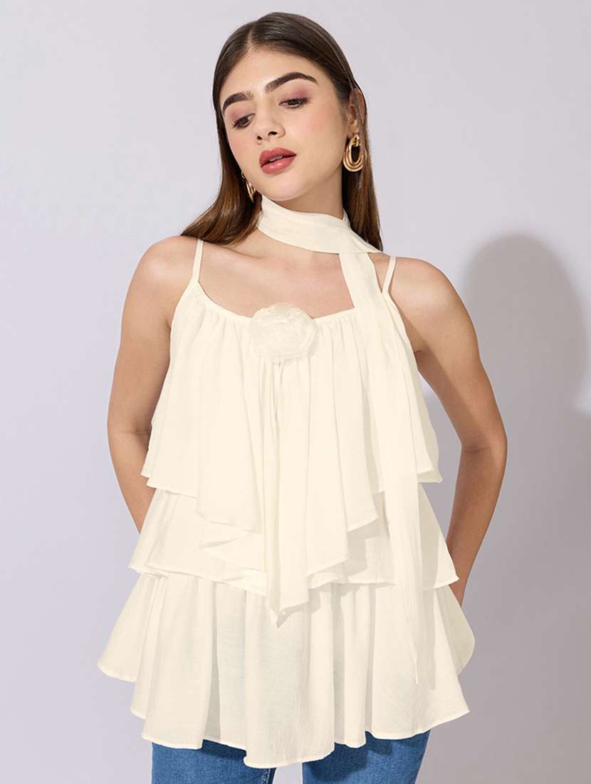 women solid shoulder strap ruffle top with neck tie - 22396139 -  Standard Image - 2