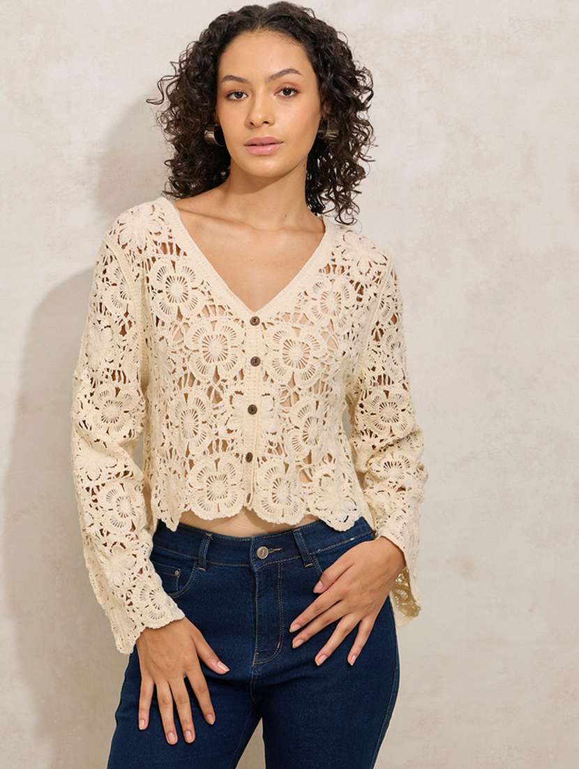 women self designed bell sleeve crochet top