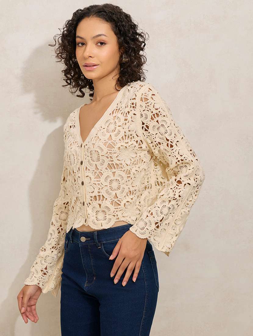 women self designed bell sleeve crochet top - 22396141 -  Standard Image - 2