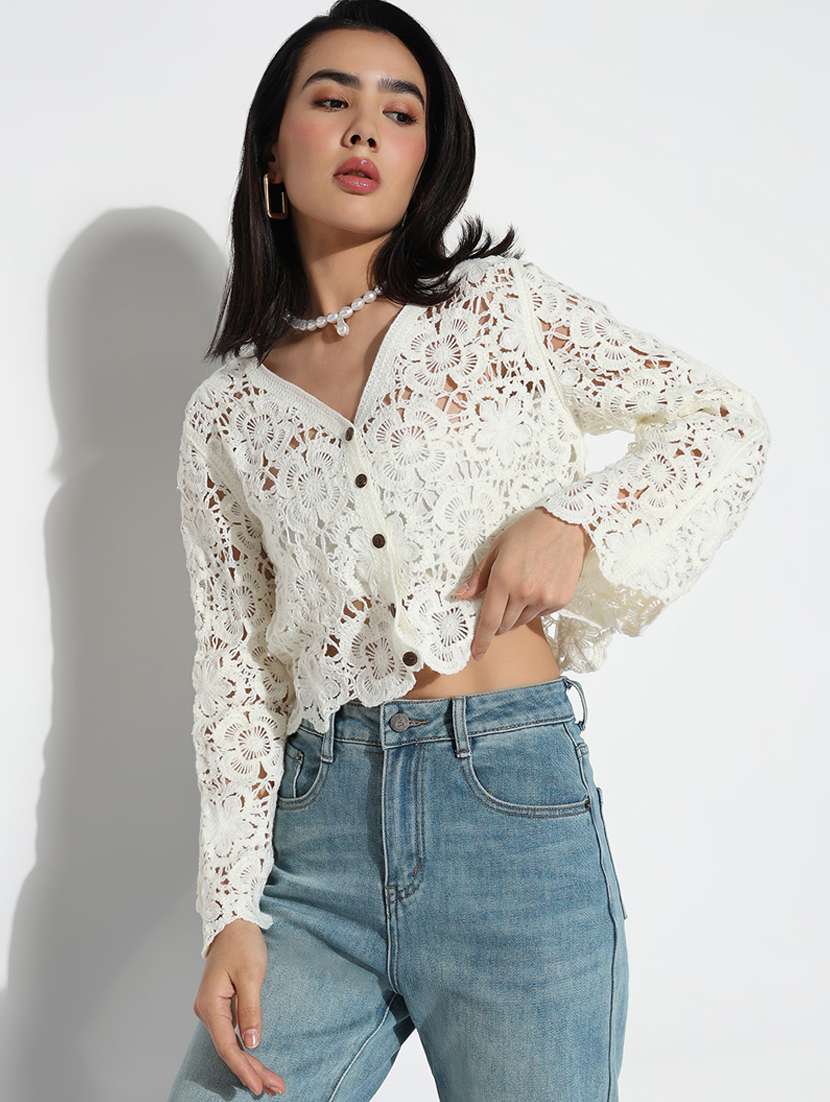 women self designed bell sleeve crochet top - 22396142 -  Standard Image - 2