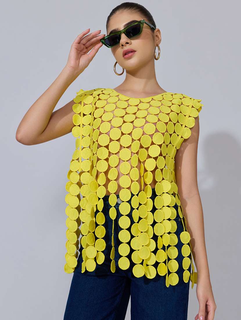 women self designed sleeveless sheer top