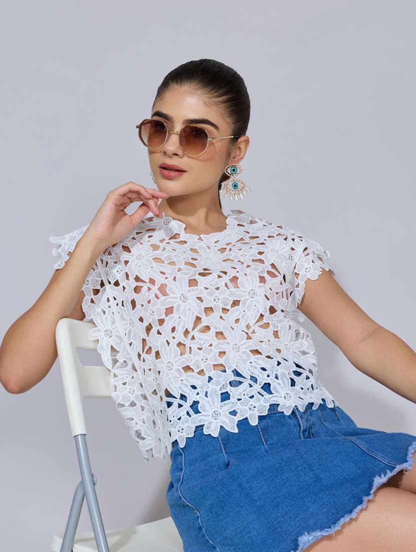 women self designed short sleeve sheer top