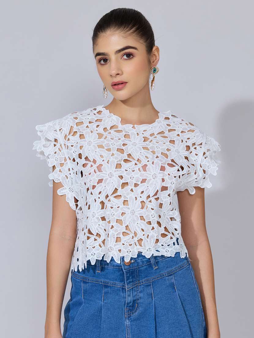 women self designed short sleeve sheer top - 22396147 -  Standard Image - 2