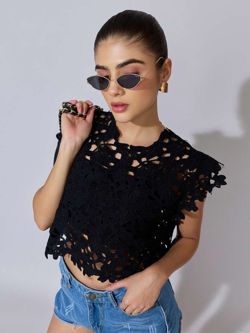 women self designed short sleeve sheer top