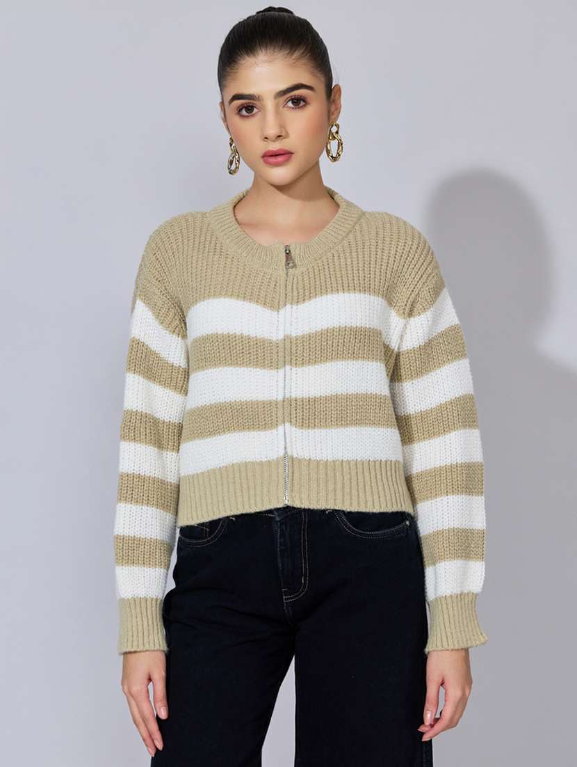 women striped long sleeve crop cardigan - 22396152 -  Standard Image - 2