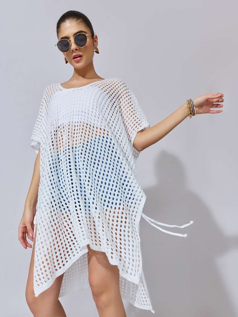 women solid short sleeve sheer asymmetric top