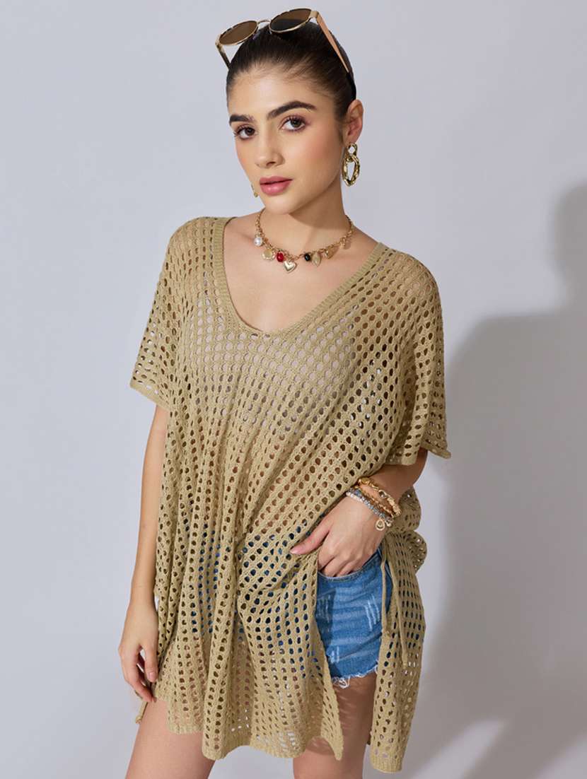 women solid short sleeve sheer asymmetric top