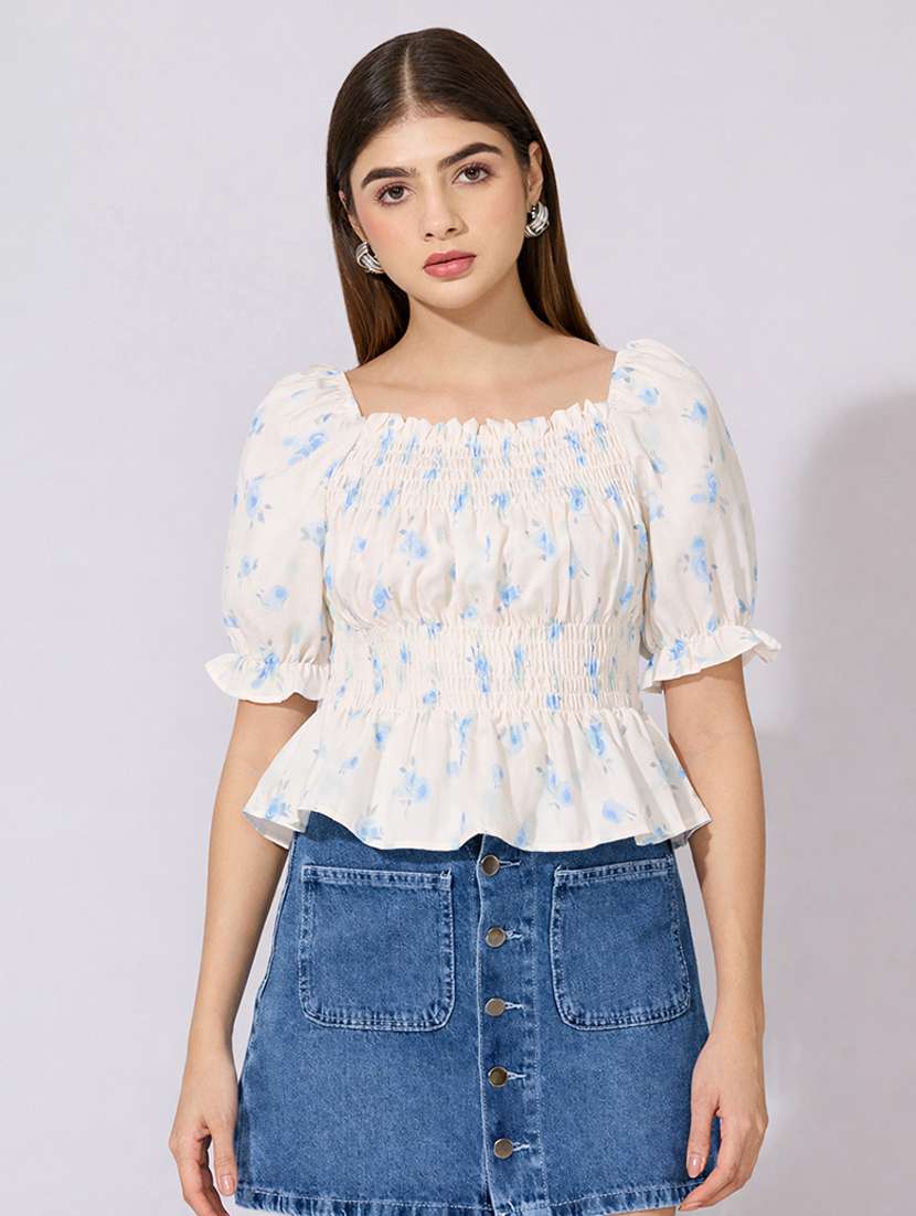 women printed puff sleeve peplum top - 22396157 -  Standard Image - 2