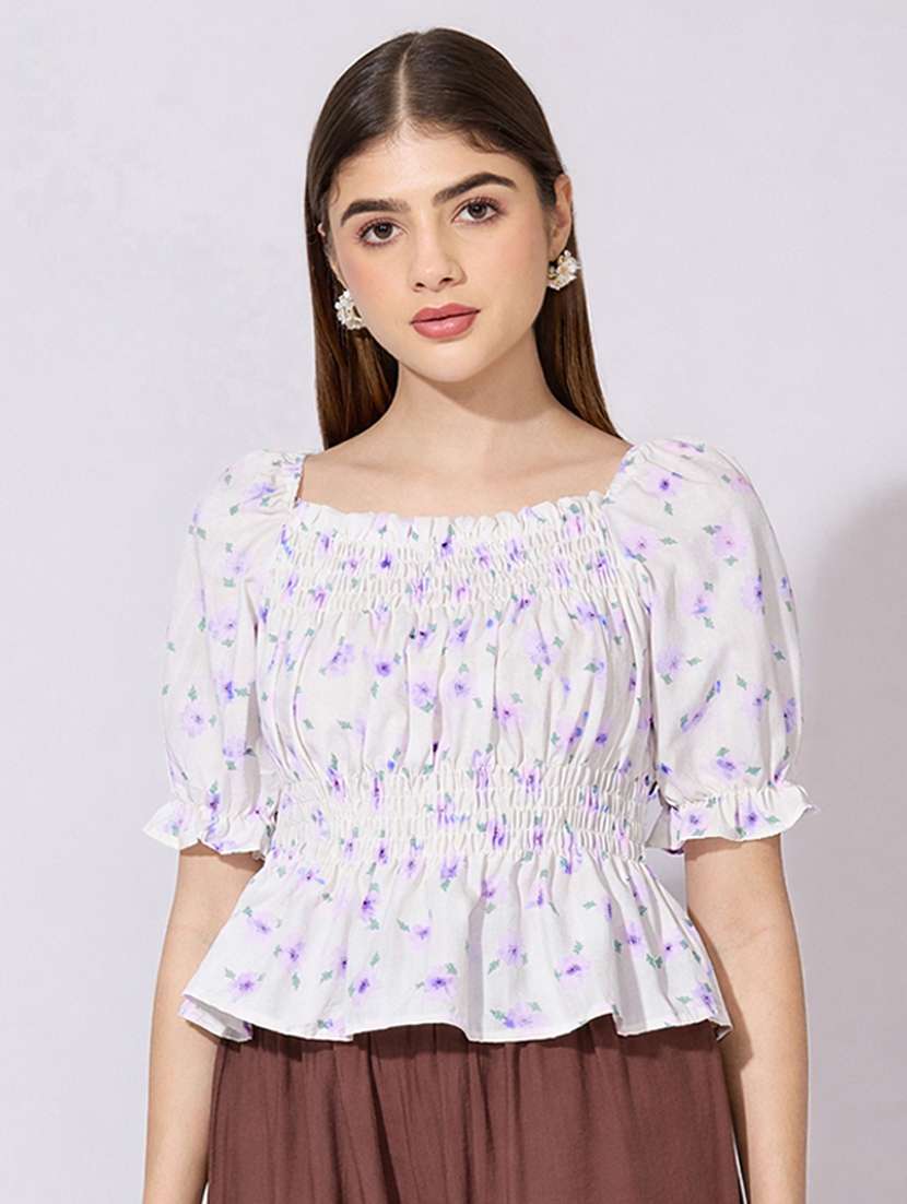 women printed puff sleeve peplum top