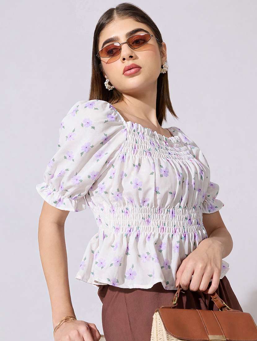 women printed puff sleeve peplum top - 22396161 -  Standard Image - 2