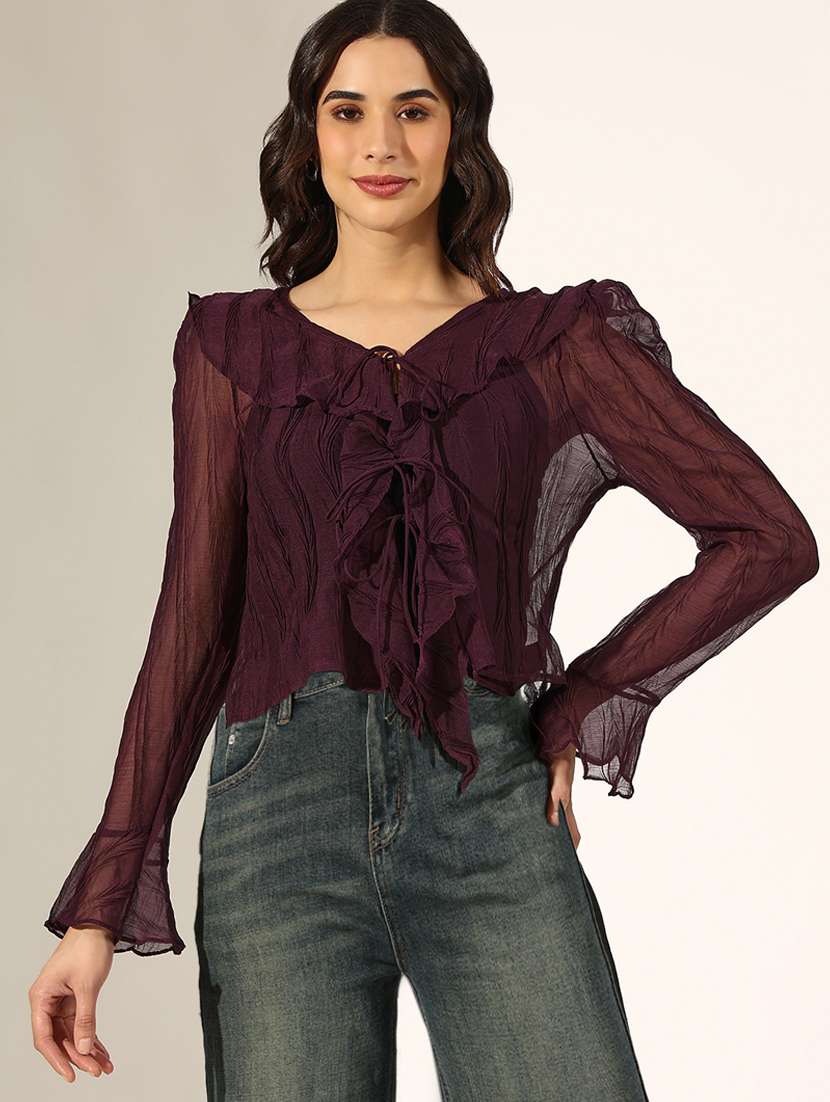 women solid long sleeve sheer ruffle top - 22396163 -  Standard Image - 2