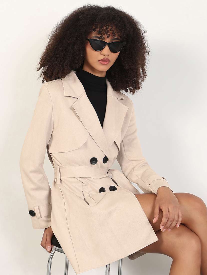 women solid long sleve double breasted coat - 22396173 -  Standard Image - 2