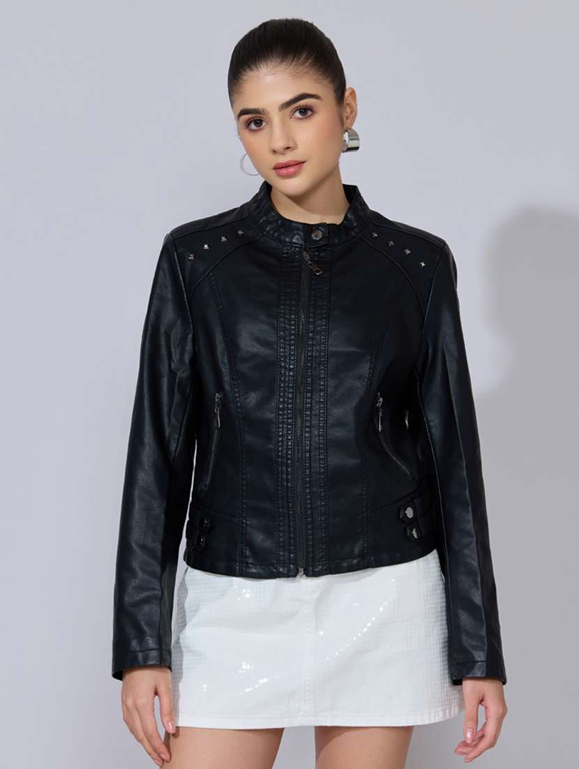 women solid long sleeve leatherette biker jacket - 22396177 -  Standard Image - 2