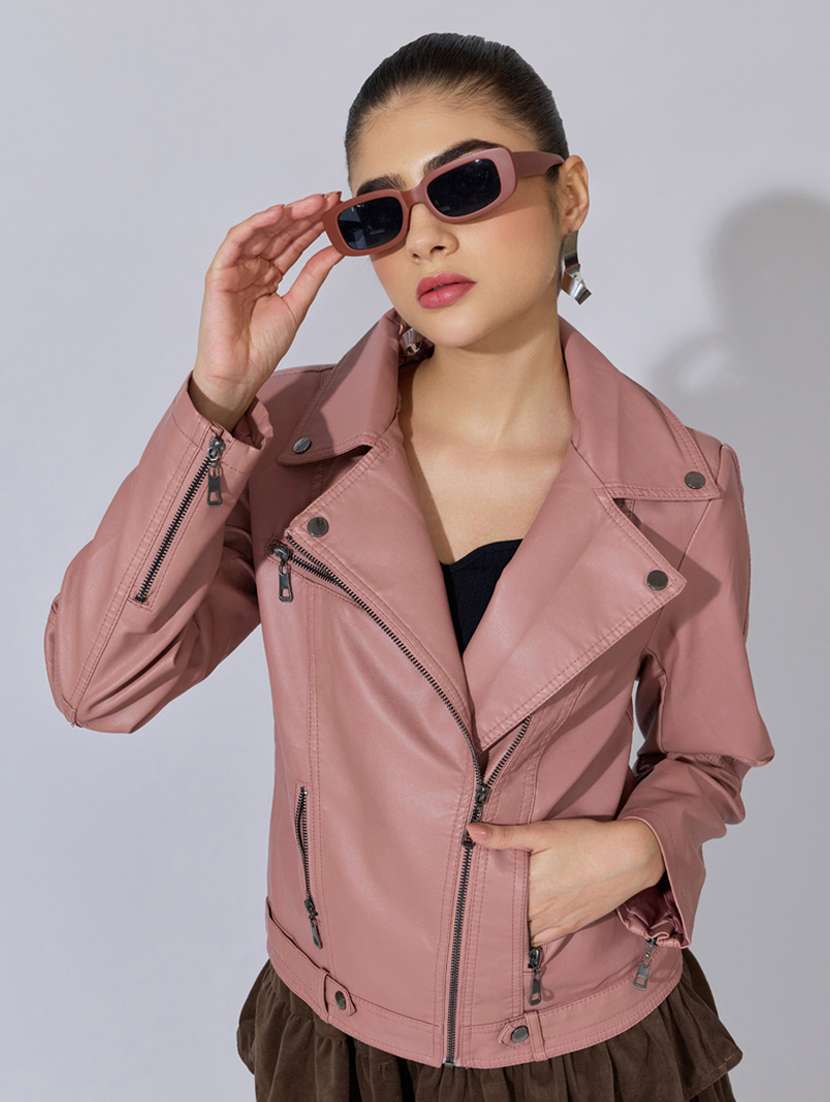women solid long sleeve leatherette biker jacket