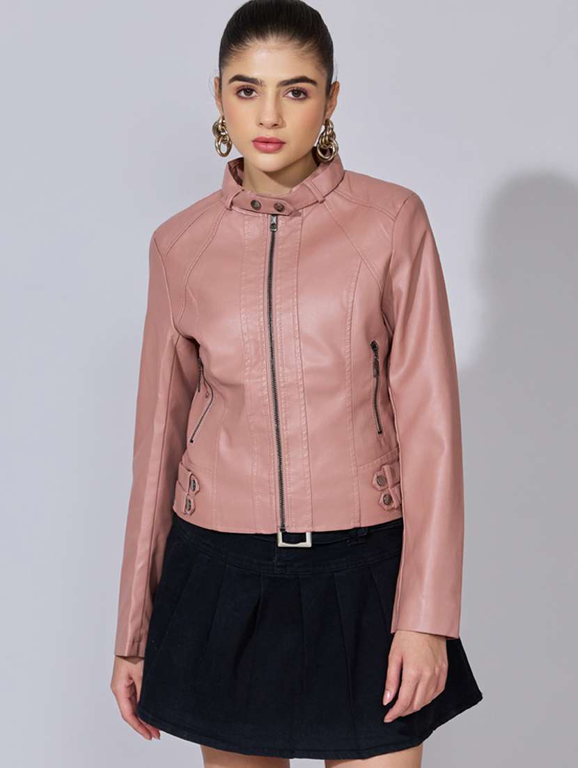 women solid long sleeve leatherette biker jacket - 22396180 -  Standard Image - 2