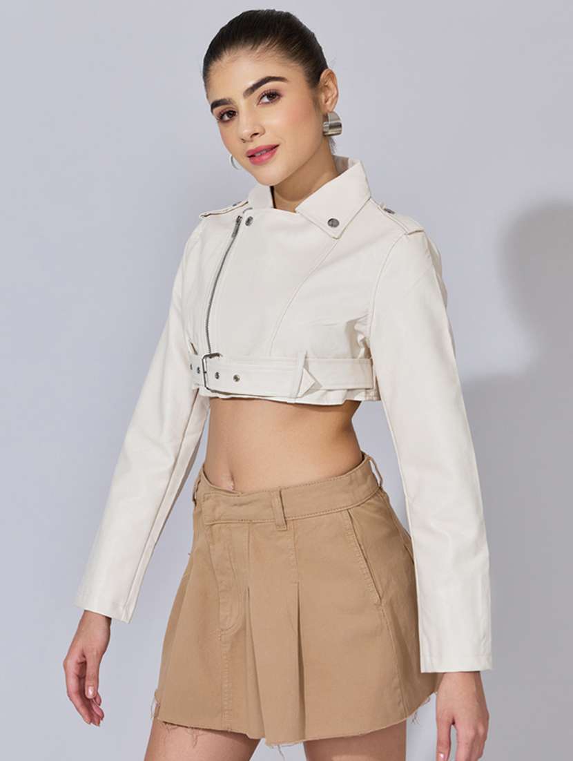 women solid long sleeve crop leatherette jacket - 22396184 -  Standard Image - 2