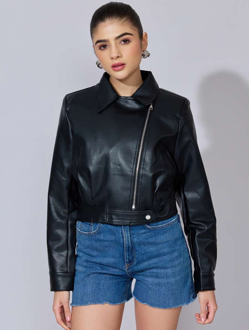 women solid long sleeve leatherette biker jacket - 22396186 -  Standard Image - 2