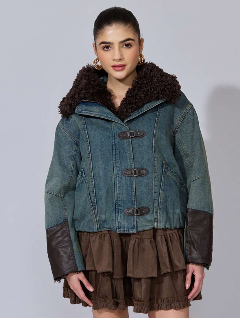 women solid long sleeve oversized denim jacket