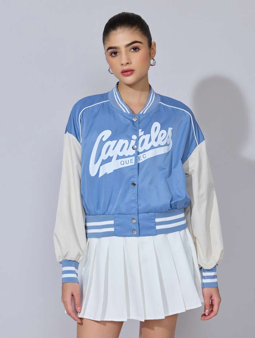 women henley neck long sleeve varsity jacket