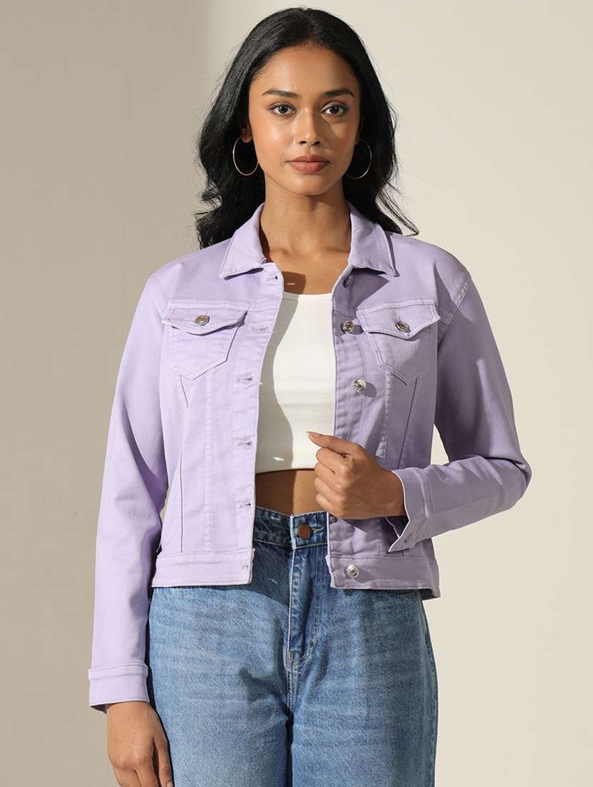 women solid long sleeve denim jacket