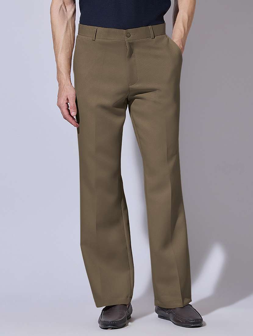 men solid mid rise flat front casual trouser