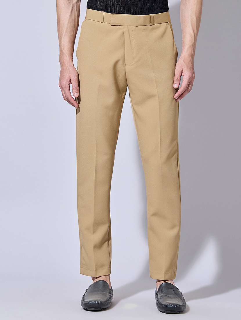 men solid mid rise flat front casual trouser