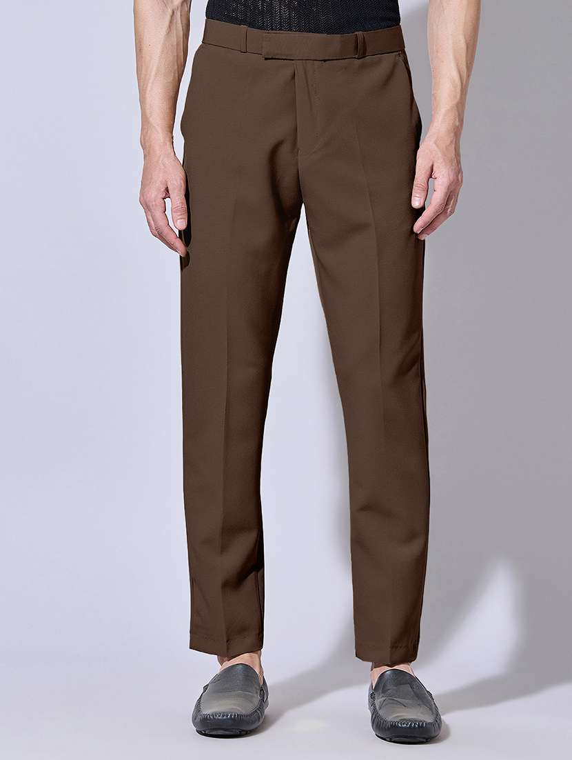 men solid mid rise flat front casual trouser