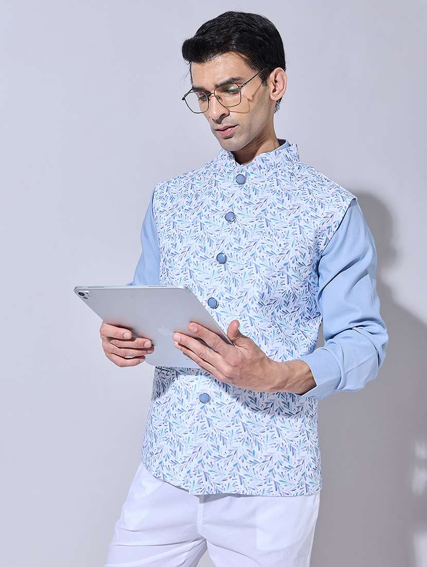 men printed mandarin neck nehru jacket
