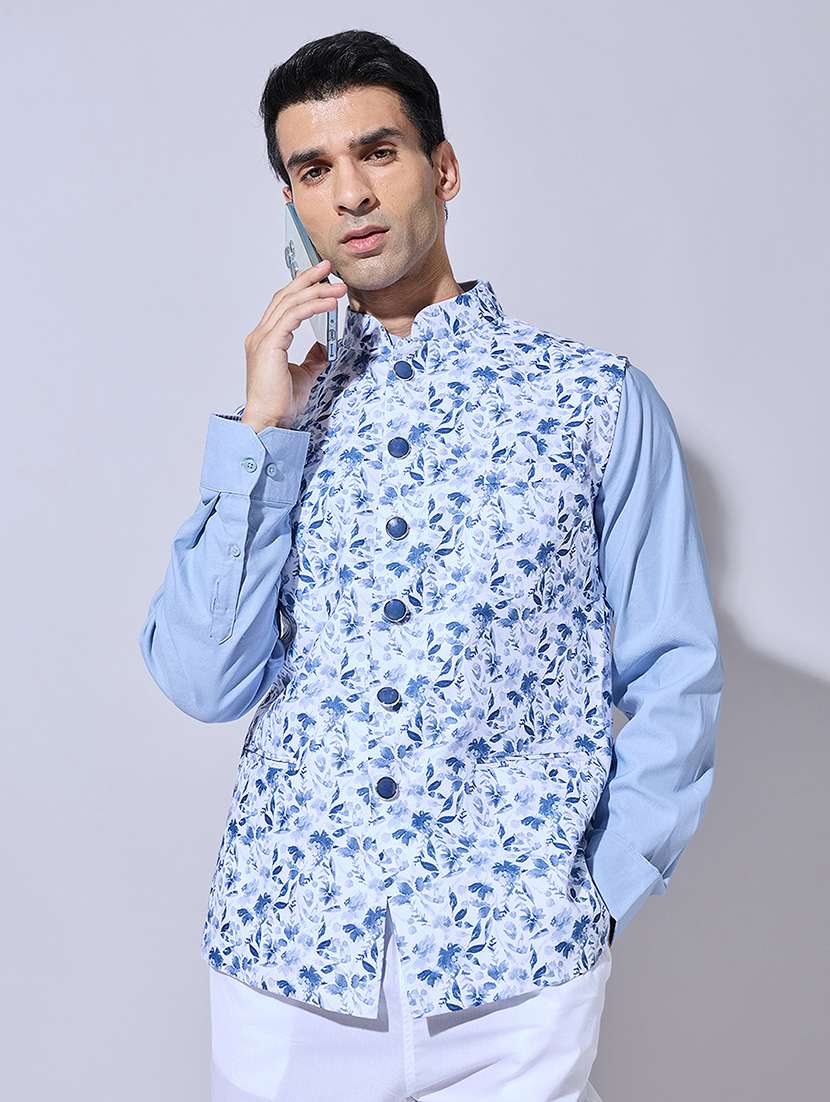 men printed mandarin neck nehru jacket
