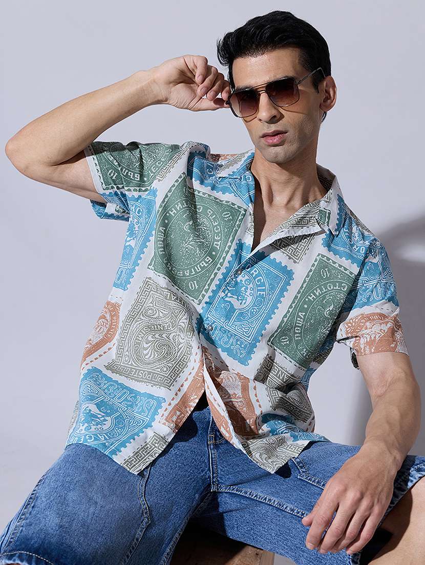 men printed short sleeve regular fit casual shirt