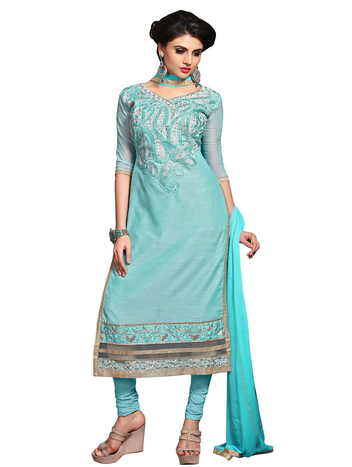 women solid with work unstitched suit set