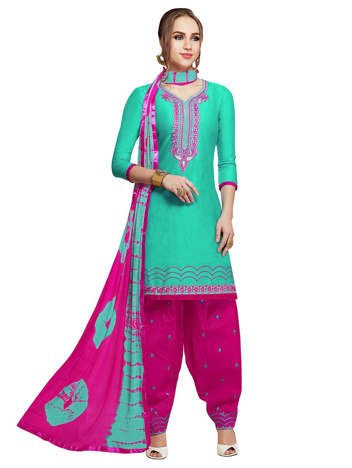 women solid with work unstitched suit set