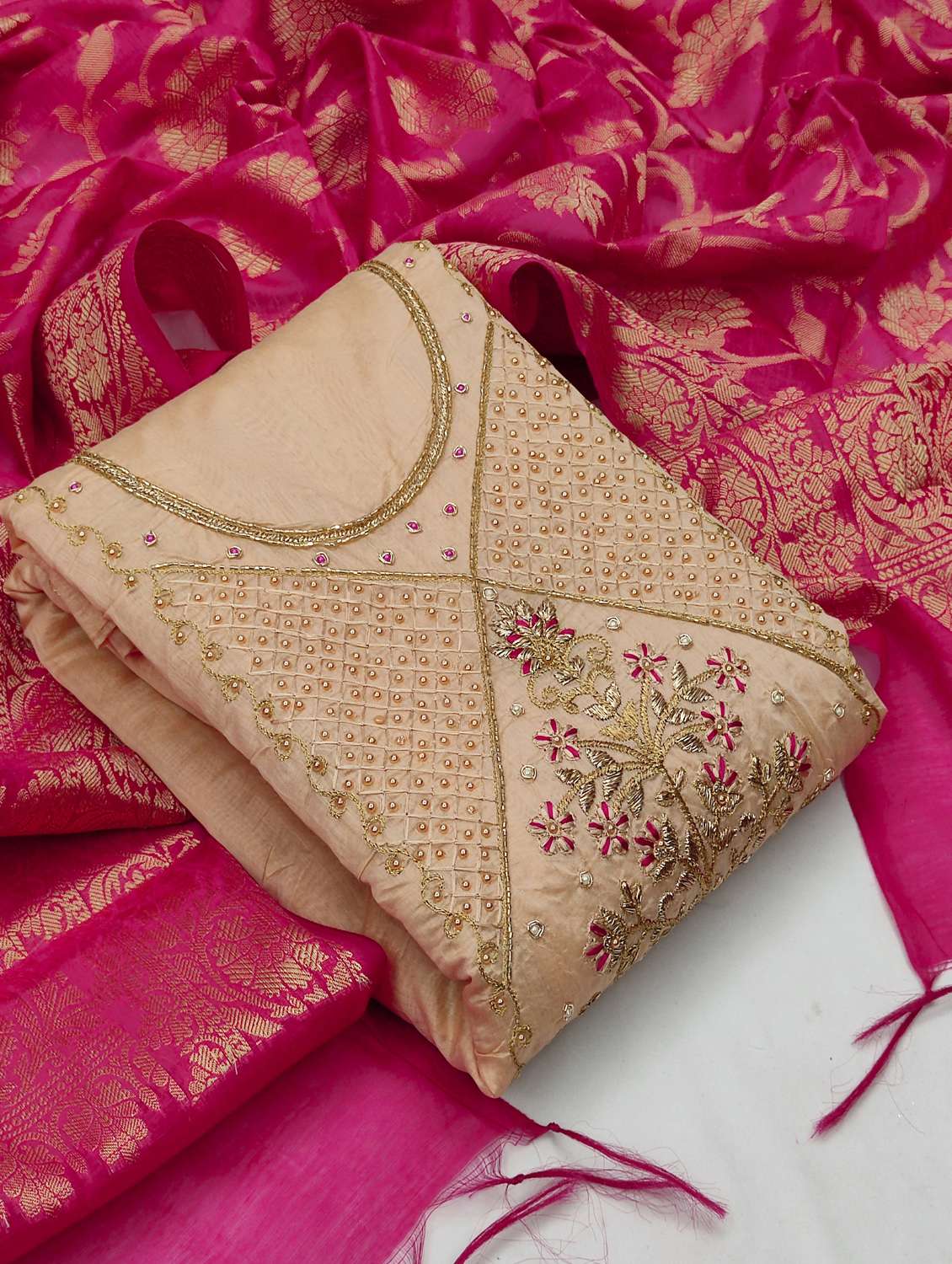 women solid with work unstitched suit set