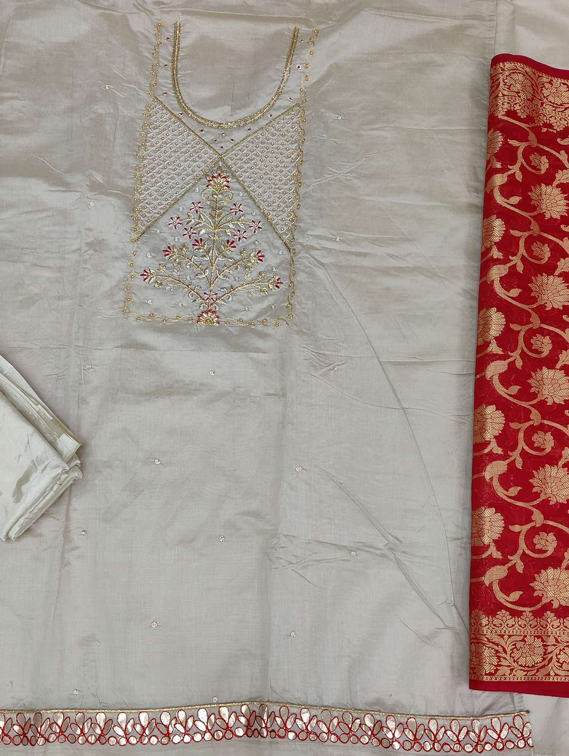 Women Solid With Work Unstitched Suit Set - 22397045 -  Standard Image - 2
