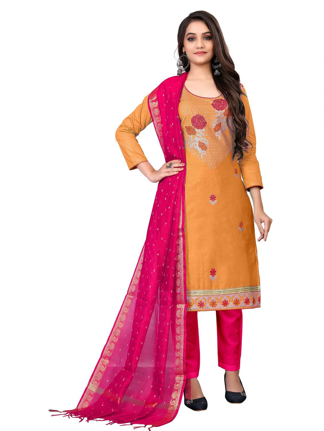 women solid with work unstitched suit set