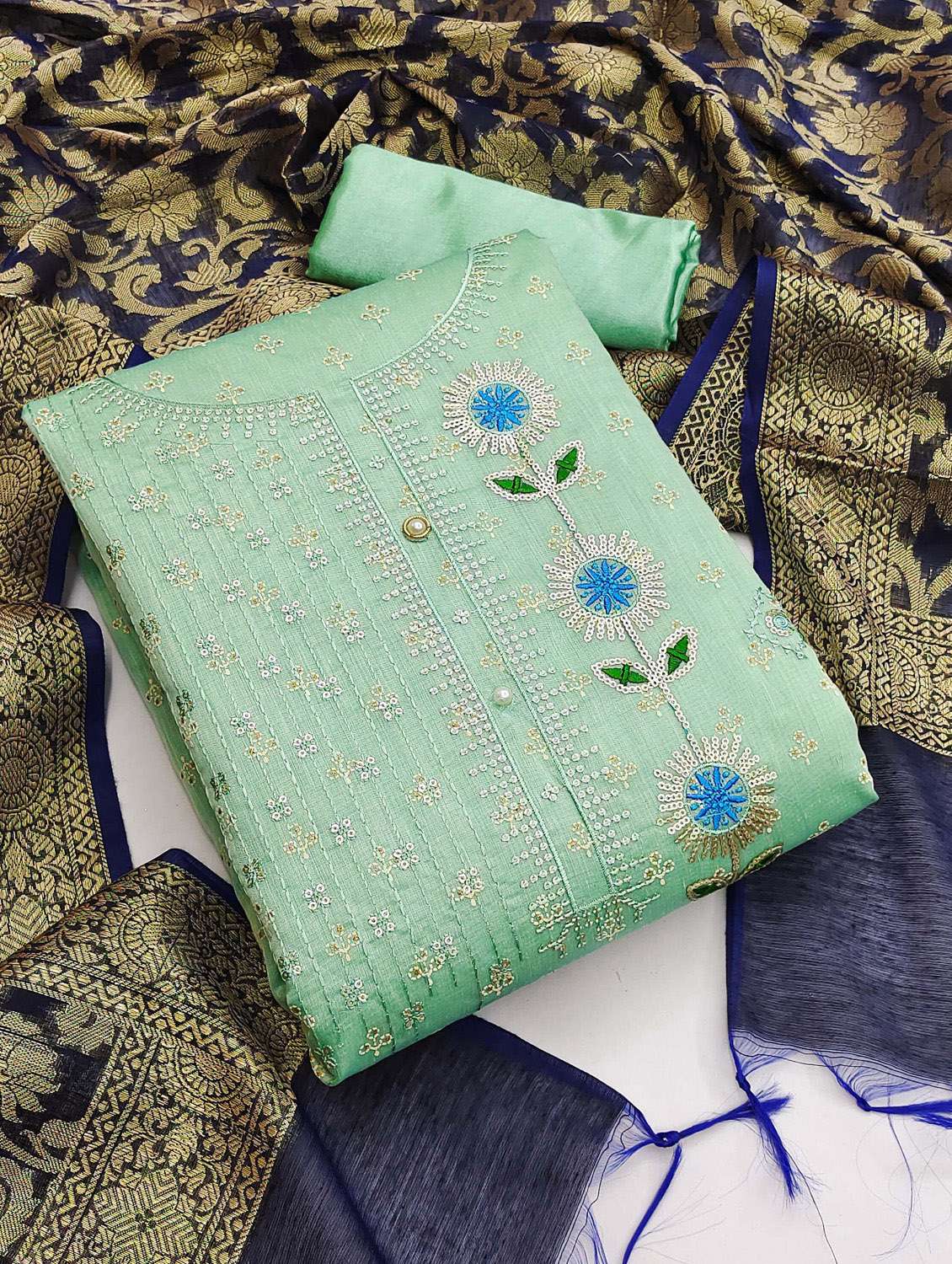 women solid with work unstitched suit set