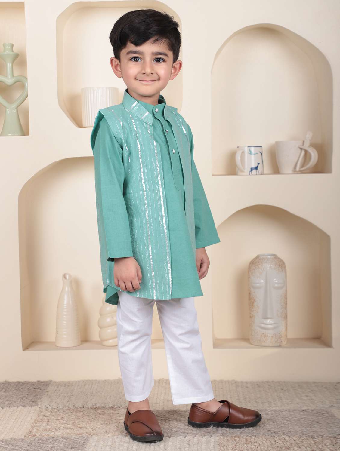 boys self designed kurta and pyjama set with jacket - 22397350 -  Standard Image - 2