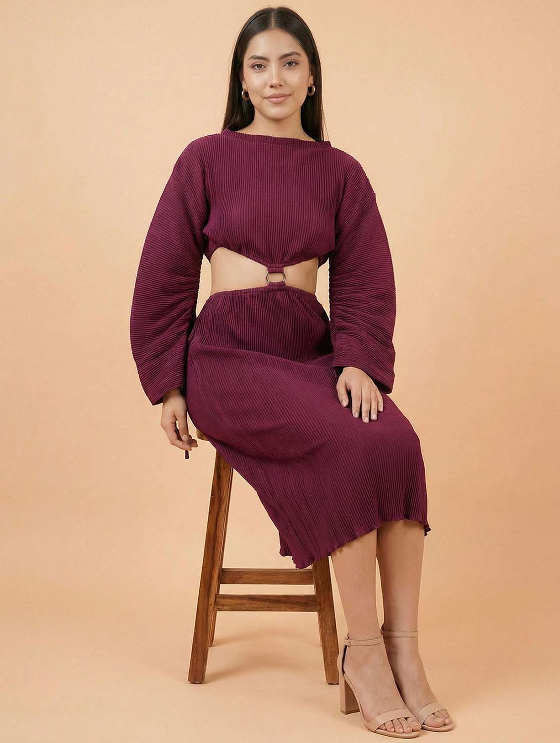 women solid long sleeve cut out sheath dress - 22397373 -  Standard Image - 2