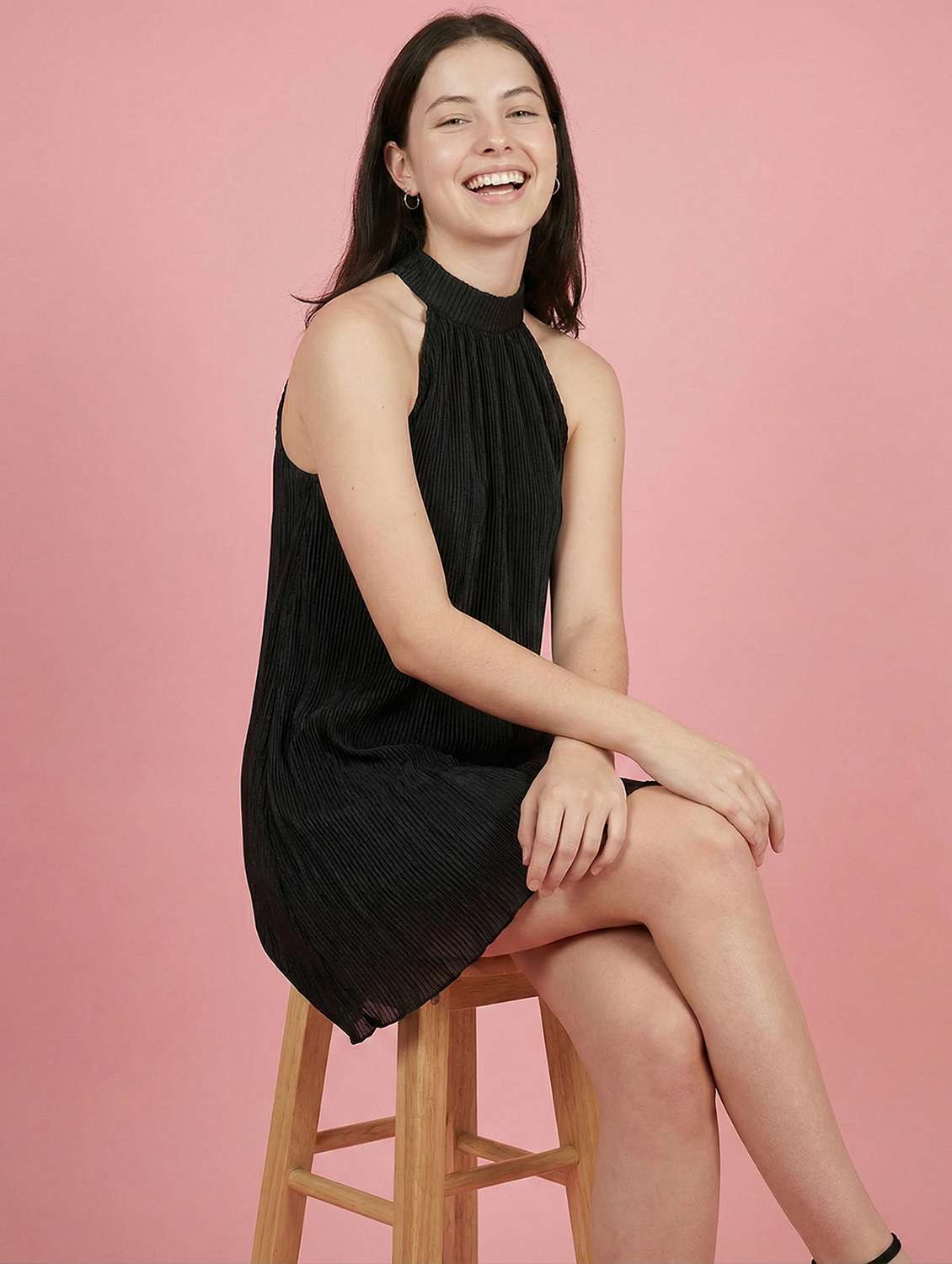 women solid halter neck sleeveless a-line dress - 22397375 -  Standard Image - 2