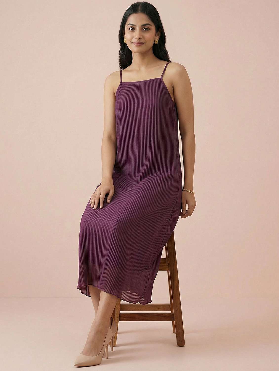 women solid shoulder strap a-line dress - 22397379 -  Standard Image - 2